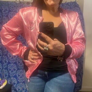 Pink satin , bomber jacket, 1950 style pink ladies for Halloween costume !!